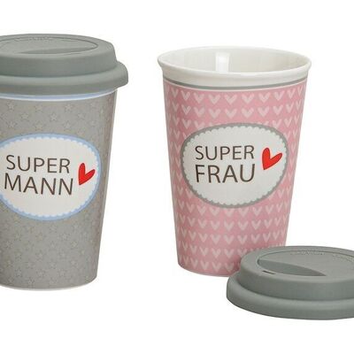 Becher to go Super Frau/Mann aus Porzellan, 2-fach sortiert, 14 cm, 350ml