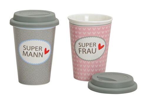 Becher to go Super Frau/Mann aus Porzellan, 2-fach sortiert, 14 cm, 350ml