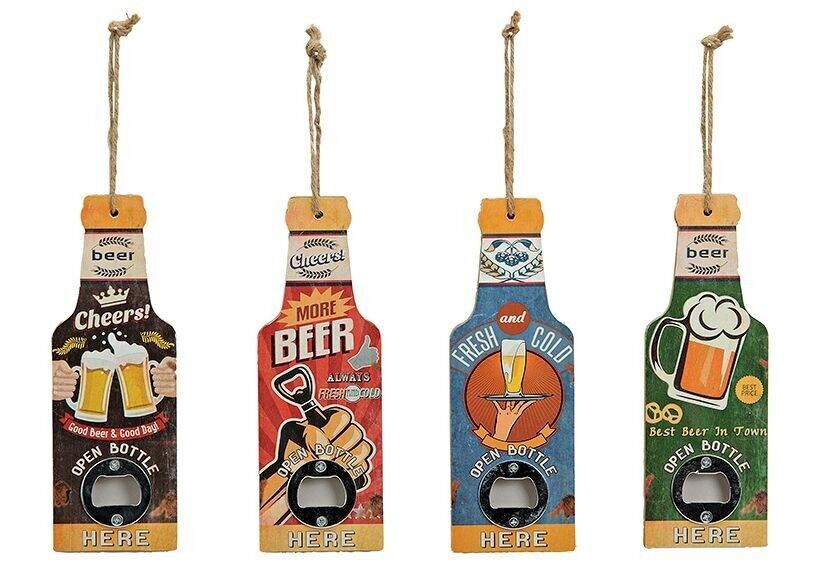 Apribottiglie in legno/metallo, 4 assortiti, L7 x H20 cm