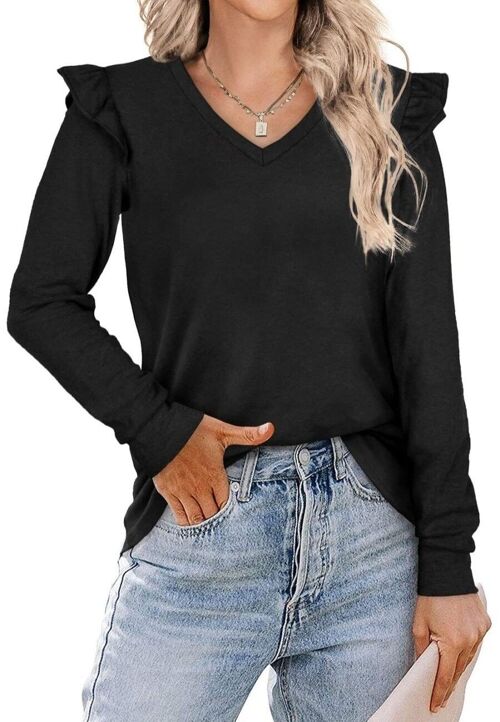 V Neck Ruffle Shoulder Sweater-Black