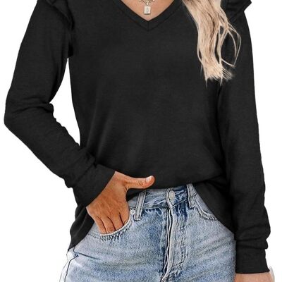 V Neck Ruffle Shoulder Sweater-Black
