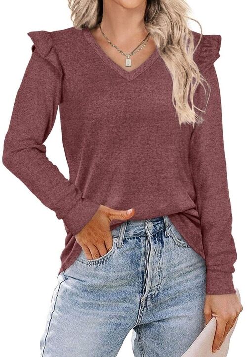 V Neck Ruffle Shoulder Sweater-Burgundy