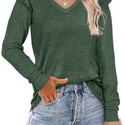 V Neck Ruffle Shoulder Sweater-Green