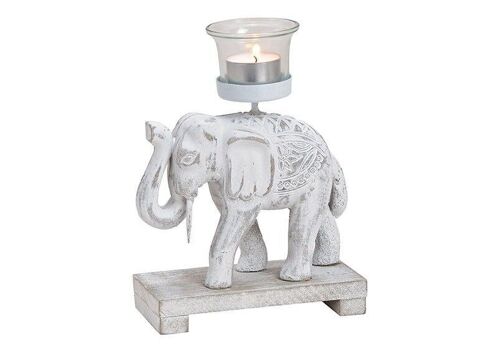 Teelichthalter Elefant aus Holz, Glas Weiß (B/H/T) 15x20x7cm