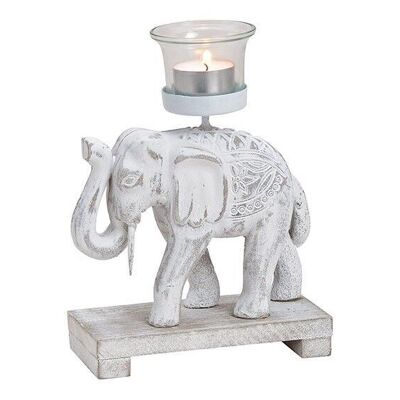 Teelichthalter Elefant aus Holz, Glas Weiß (B/H/T) 15x20x7cm