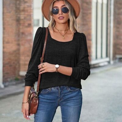 Pull bouffant léger à encolure carrée-Noir