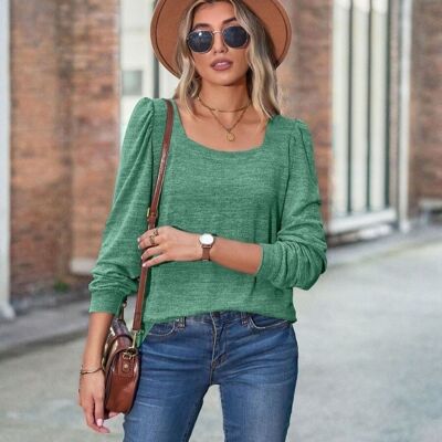 Square Neck Light Puff Sweater-Green