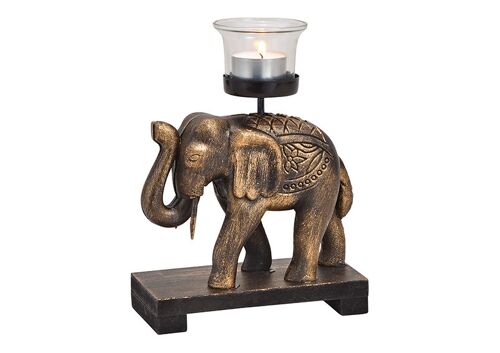 Teelichthalter Elefant aus Holz, Glas Schwarz gold (B/H/T) 15x20x7cm