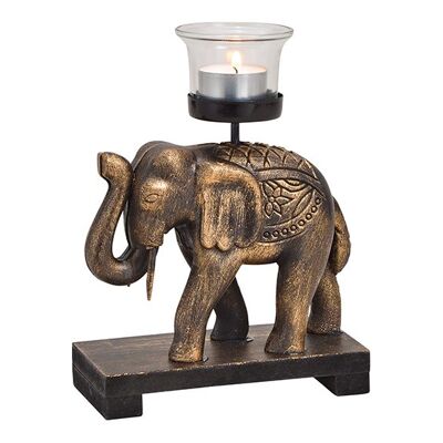 Portavelas elefante de madera, cristal negro oro (An / Al / Pr) 15x20x7cm