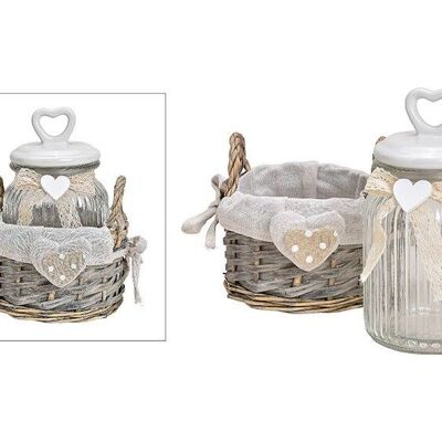 Tarro de almacenamiento en una cesta de mimbre de vidrio transparente, con tapa de corazón de cerámica, juego de 2, (An / Al / Pr) 15x21x14cm
