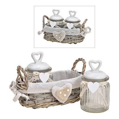 Storage jar set in a wicker basket made of transparent glass, with ceramic heart lid, set of 3, (W / H / D) 20x15x10cm