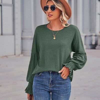 Solid Color Shirred Cuff Sweater-Green