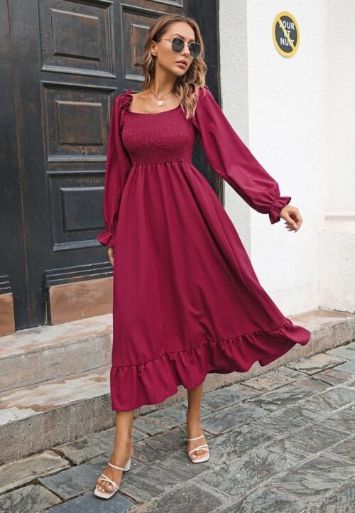 Square Neck Shirred Midi Dress-Burgundy