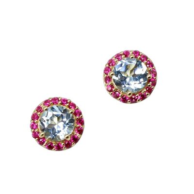 Button Earrings with Blue Topaz and Rubies