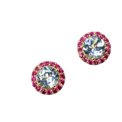 Button Earrings with Blue Topaz and Rubies