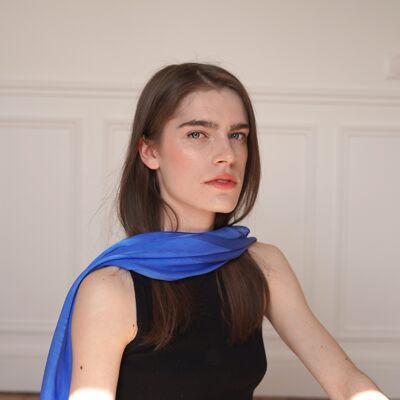 Schal aus 100 % Seide, 100 % in Frankreich hergestellt, 100 % Handarbeit - Blau