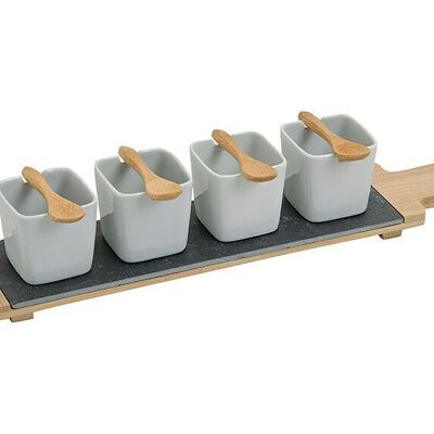 Starter set made of porcelain / bamboo / slate, 9 pieces, square bowl