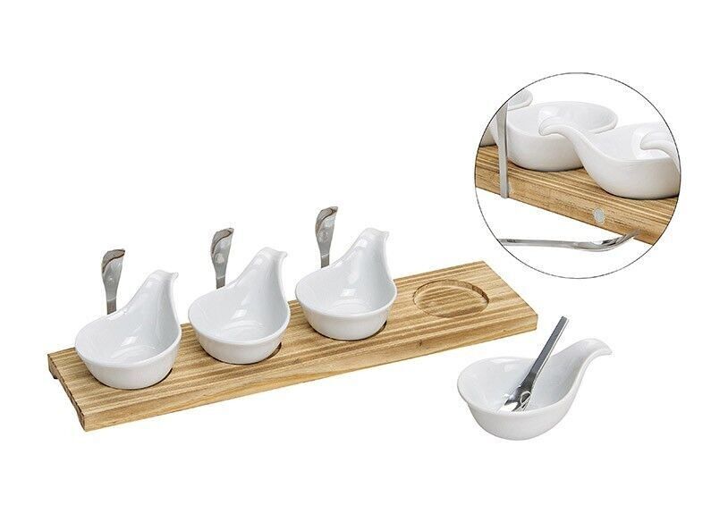 Serving set wooden board with 4 bowls / 4 spoons 40x10cm
