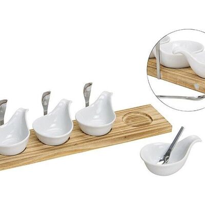 Serving set wooden board with 4 bowls / 4 spoons 40x10cm