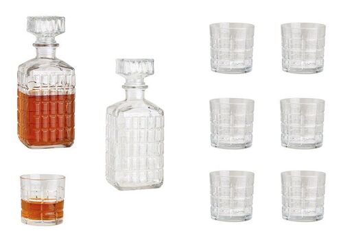 Whisky Set  aus Glas Transparent 7er Set, Flasche 9x23x9cm 980ml, Glas 8x8x8cm, 280ml