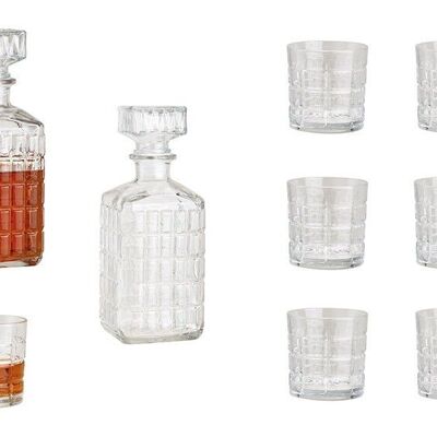 Set de whisky en verre transparent, lot de 7, bouteille 9x23x9cm 980ml, verre 8x8x8cm, 280ml