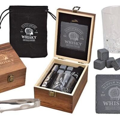 Whiskey set, ice cubes made of basalt stone 2x2x2cm, 1 glass 9x8x9cm, 300ml, 1 tongs, made of transparent glass set of 8, (W / H / D) 14x20x11cm