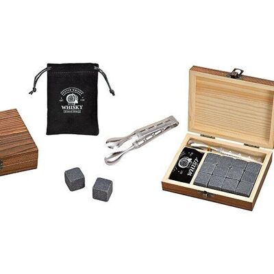 Whiskey stone set, ice cubes made of basalt stone 2x2x2cm, a pair of tongs in a wooden box gray set of 12, (W / H / D) 13x10x4cm