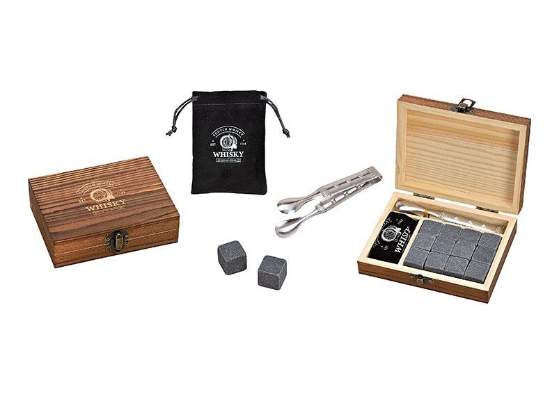 Whisky Stein Set, Eiswürfel aus Basalt Stein 2x2x2cm, eine Zange in Holzbox Grau12er Set, (B/H/T) 13x10x4cm