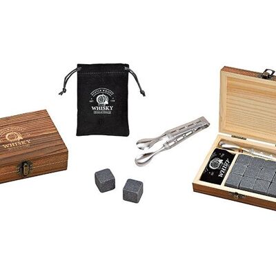 Whiskey stone set, ice cubes made of basalt stone 2x2x2cm, a pair of tongs in a wooden box gray set of 12, (W / H / D) 13x10x4cm
