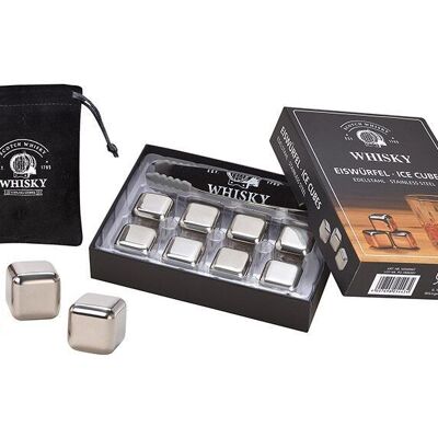 Whiskey ice cube set made of stainless steel, 2.7 cm, 8 cubes with tongs