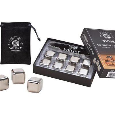 Whiskey ice cube set made of stainless steel, 2.7 cm, 8 cubes with tongs