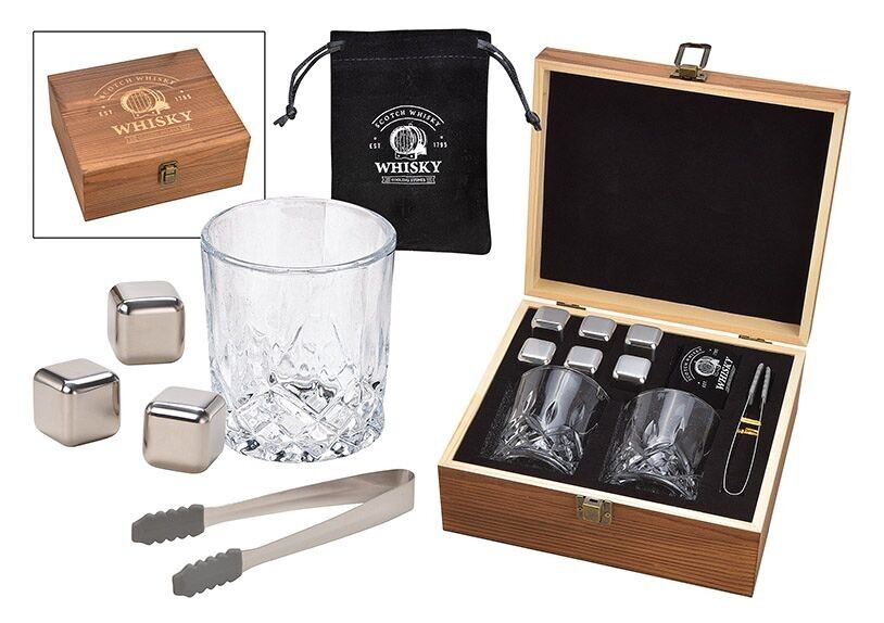 Juego de cubitos de hielo para whisky de acero inoxidable, 2,7cm, 6 cubos con 2 vasos 9x8x9cm, 300ml, incl. Pinzas + bolsa de terciopelo, en caja de madera 23,9x10x21,7cm