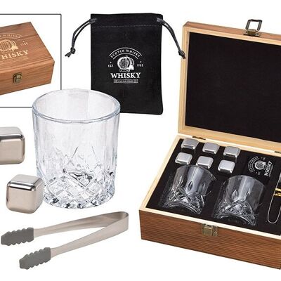 Whiskey ice cube set made of stainless steel, 2.7cm, 6 cubes with 2 glasses 9x8x9cm, 300ml, incl. Tongs + velvet bag, in a wooden box 23.9x10x21.7cm
