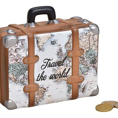Money box suitcase map Travel The World made of ceramic beige, brown (W / H / D) 14x13x6cm