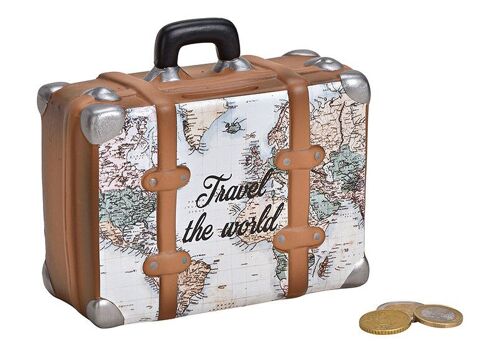 Spardose Koffer Landkarte Travel The World aus Keramik Beige, braun (B/H/T) 14x13x6cm