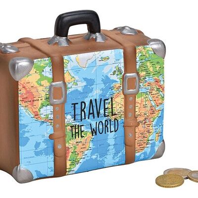 Tirelire valise carte Travel The World en céramique bleu, marron (L / H / P) 14x13x6cm