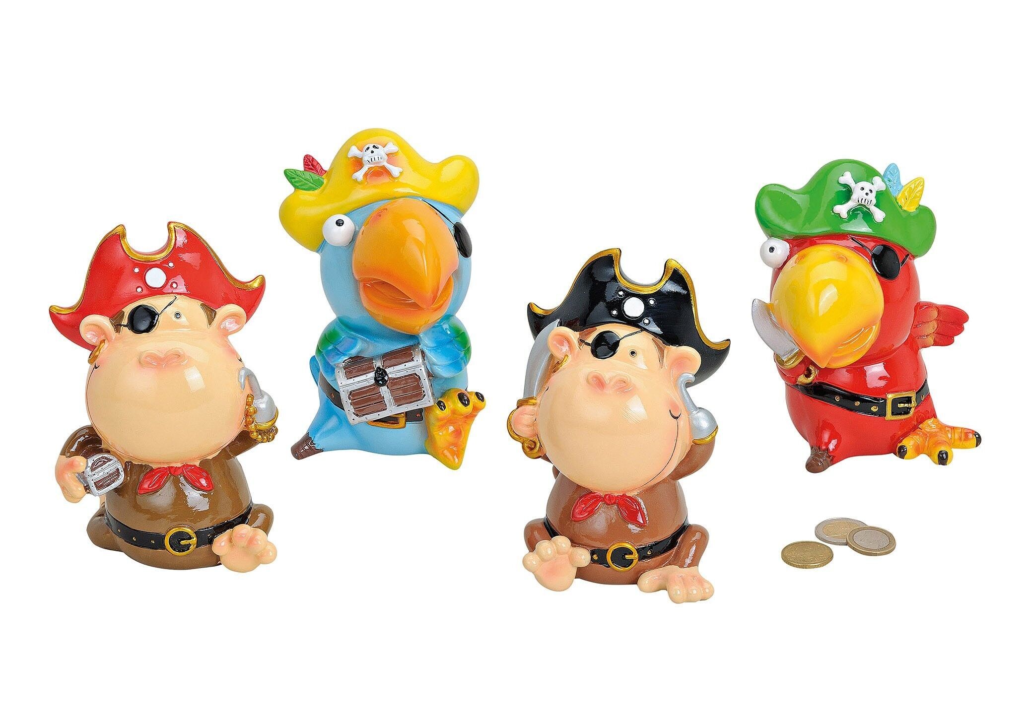 Spardose Pirat/Affe/Papagei aus Poly, 4-fach sortiert, B15 cm