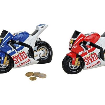 Motorbike money box made of poly, 2 assorted, W18 x D7 x H14 cm