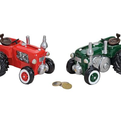 Tracteur tirelire en poly, 2 assortis, L16 x P11 x H11 cm