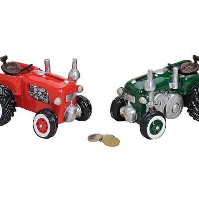 Tracteur tirelire en poly, 2 assortis, L16 x P11 x H11 cm