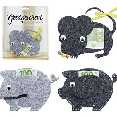 Money gift, pig, mouse made of felt gray 4-fold, (W / H) 14x9cm