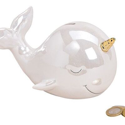 Money box whale, pearl effect, ceramic white (W / H / D) 12x11x18cm