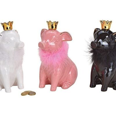 Sparschwein mit Krone aus Keramik Weiß/Pink/Schwarz 3-fach, (B/H/T) 10x21x13cm