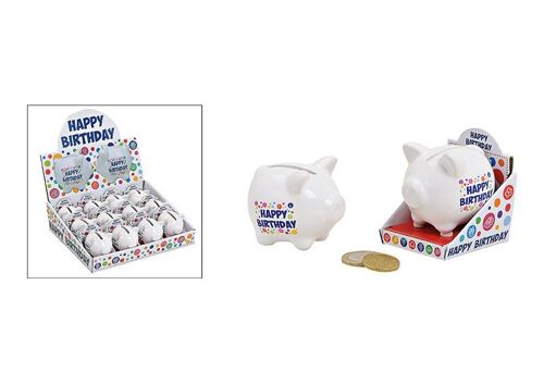 Sparschwein Happy Birthday aus Keramik Bunt (B/H/T) 5x4x5 cm,3-fach sort.