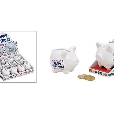 Sparschwein Happy Birthday aus Keramik Bunt (B/H/T) 5x4x5 cm,3-fach sort.