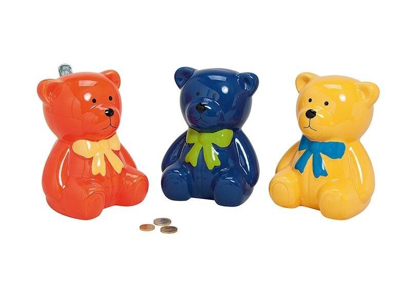 Ceramic bear money box, plain colors with lock, W20 cm