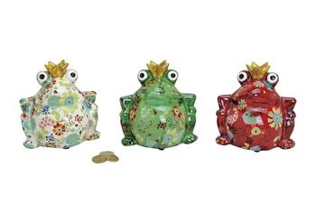 Tirelire en céramique décoration fleur grenouille, 3 assorties, L13 x P10 x H14 cm
