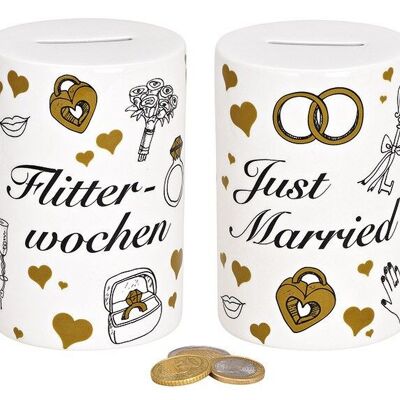 Money box honeymoon, just married, made of ceramic white (W / H / D) 7x11x7cm Ø7cm