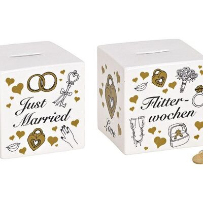 Money box cube honeymoon, just married made of ceramic white (W / H / D) 9x9x9cm