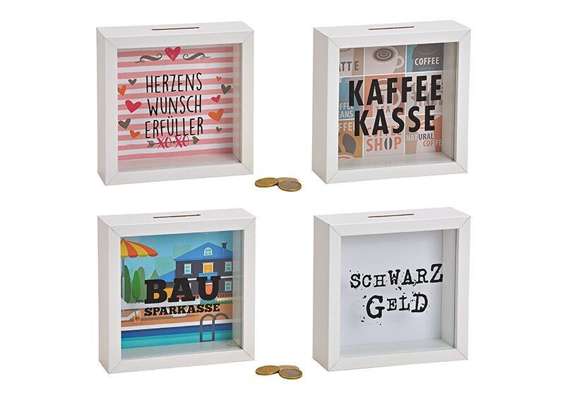 Scatola di risparmio della società edile, creatore di desideri sinceri, scatola del caffè, denaro nero in legno, vetro multicolore, 4 volte, (L / A / P) 15x15x5cm